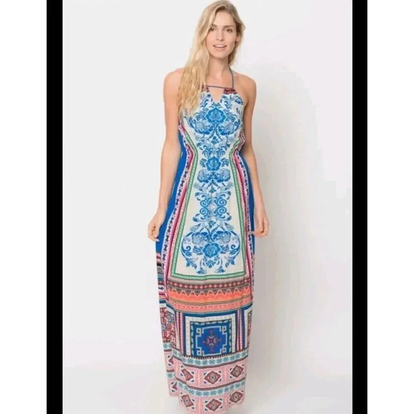 Flying Tomato Bohemian Halter Neck Dress Multicolor Rayon Sleeveless Long Size M - Picture 1 of 12